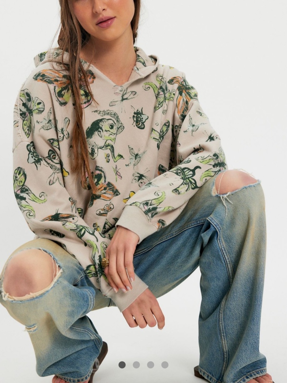 Free People Neutral Botanical Print Hoodie